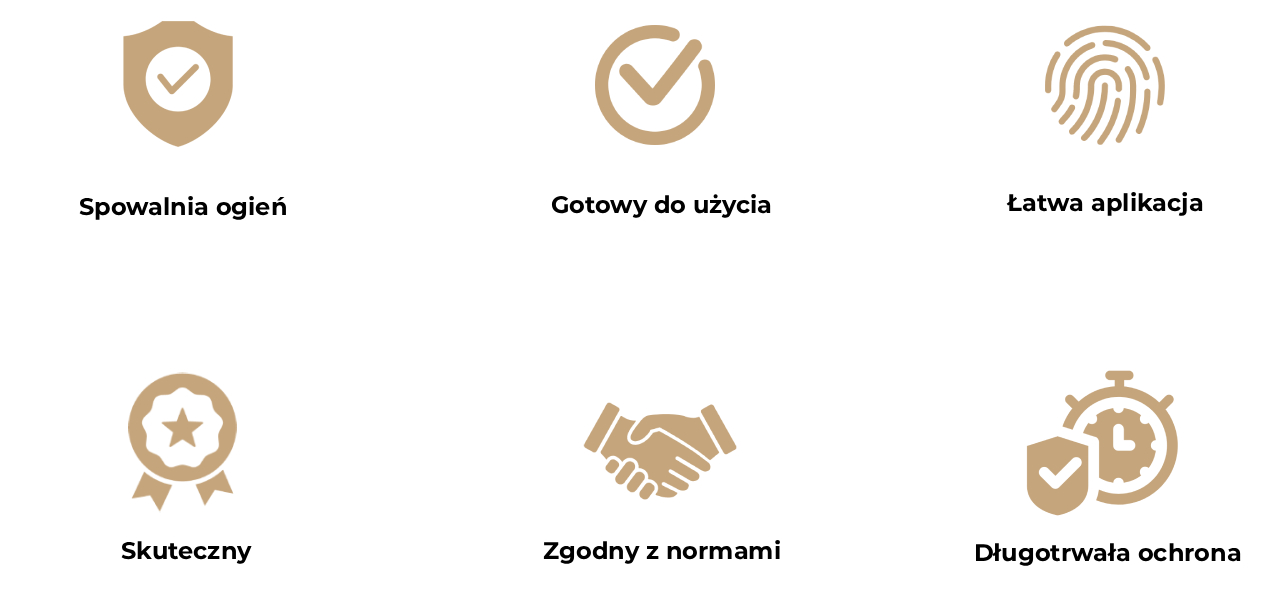 Obraz przedstawia sześć ikon opisujących zalety uniepalniacza do drewna HolzProf.